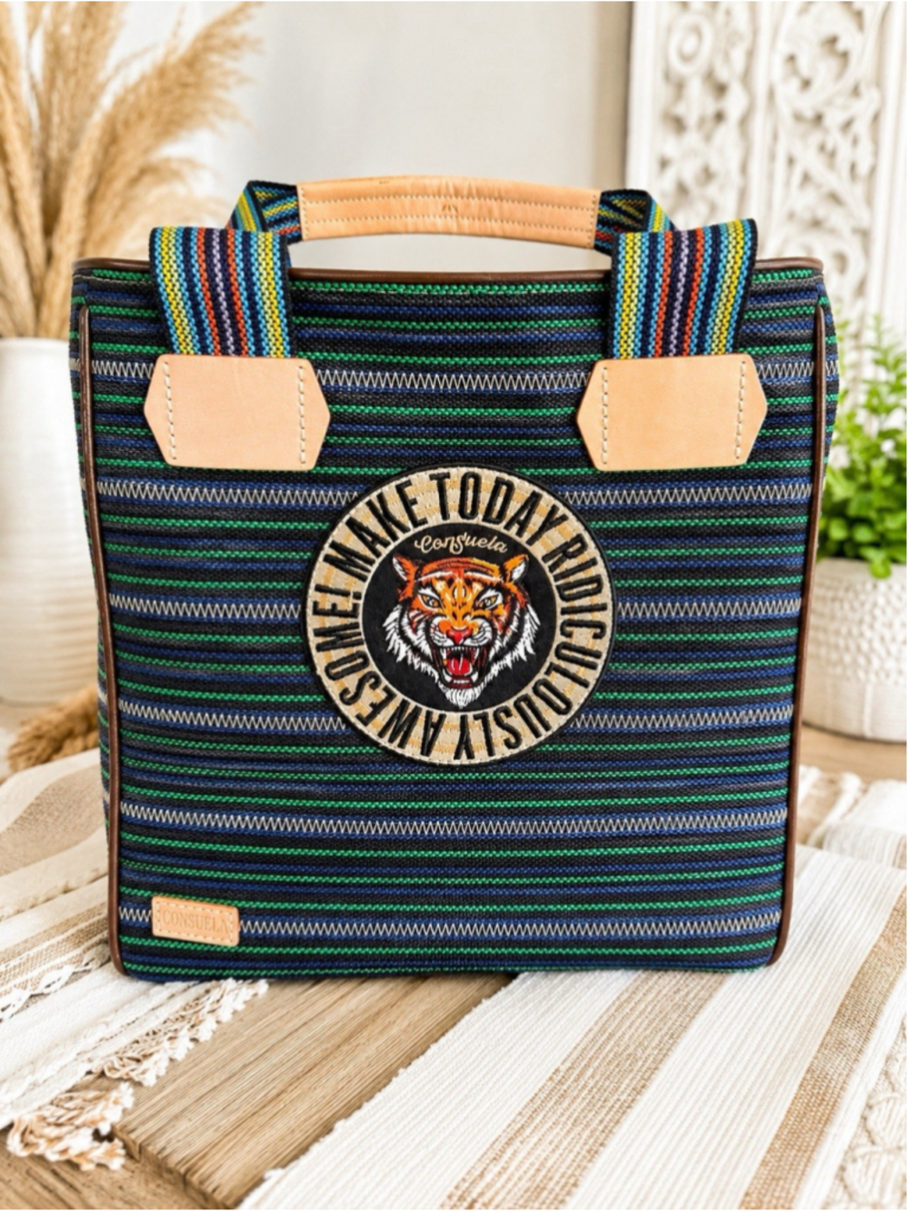 Consuela Reed Classic Tote Bag with Multi-Color Embroidered Flowers